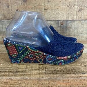Sandely Mexican Vintage Wedge Sandals Womens Size 8 Blue Aztec‎ Bohemian Textile